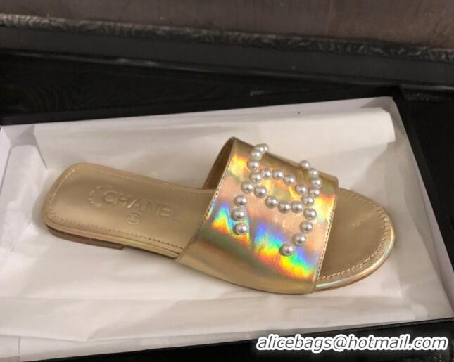 Durable Chanel Iridescent Calfskin Pearl CC Flat Slide Sandals Gold 032207