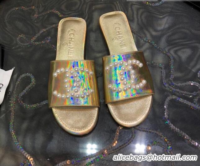 Durable Chanel Iridescent Calfskin Pearl CC Flat Slide Sandals Gold 032207