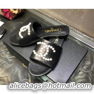 Low Cost Chanel Calfskin Pearl CC Flat Slide Sandals Black 032208