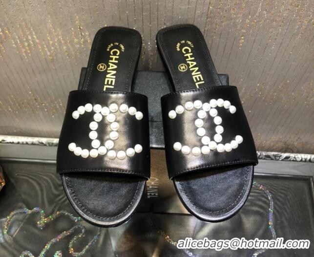 Low Cost Chanel Calfskin Pearl CC Flat Slide Sandals Black 032208