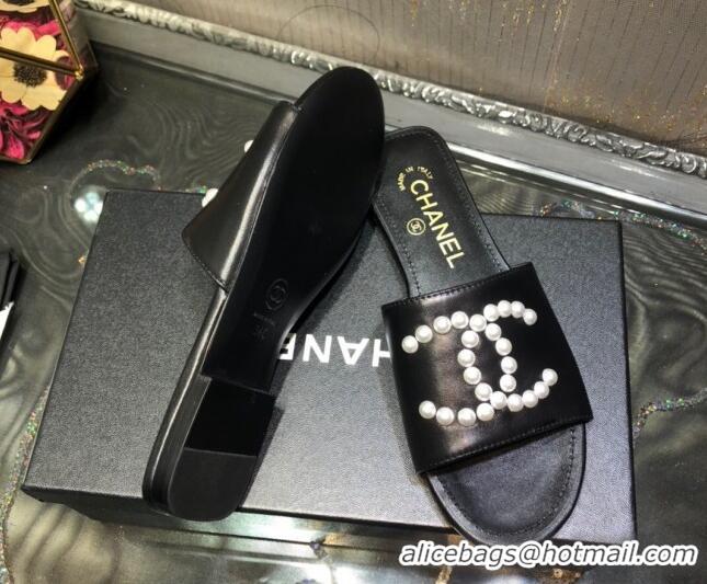 Low Cost Chanel Calfskin Pearl CC Flat Slide Sandals Black 032208