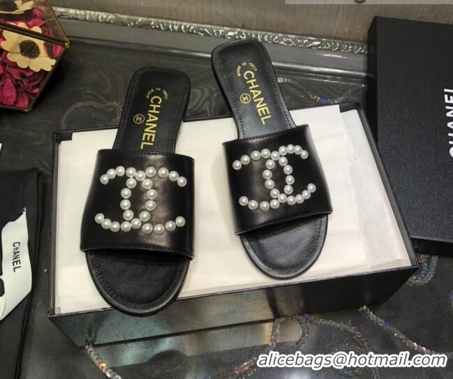 Low Cost Chanel Calfskin Pearl CC Flat Slide Sandals Black 032208