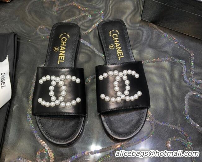 Low Cost Chanel Calfskin Pearl CC Flat Slide Sandals Black 032208