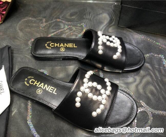 Low Cost Chanel Calfskin Pearl CC Flat Slide Sandals Black 032208