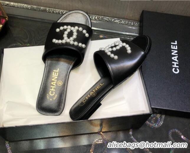 Low Cost Chanel Calfskin Pearl CC Flat Slide Sandals Black 032208