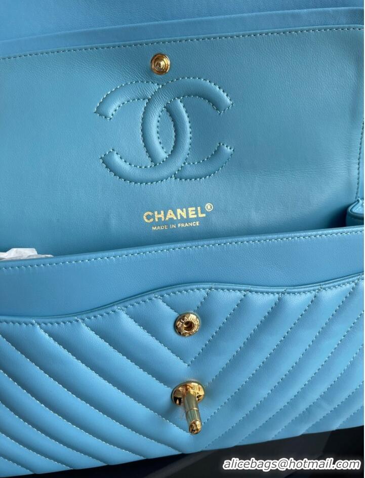 Luxurious Chanel classic handbag Lambskin & gold Metal V01112 sky blue