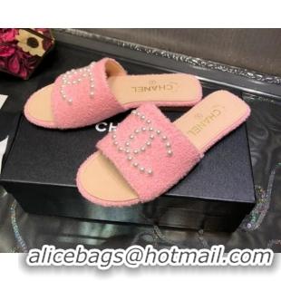 Fashion Chanel Tweed Pearl CC Flat Slide Sandals Pink 032209