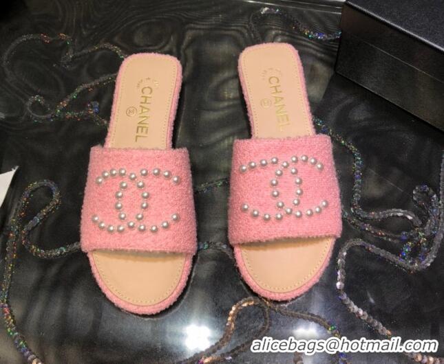 Fashion Chanel Tweed Pearl CC Flat Slide Sandals Pink 032209