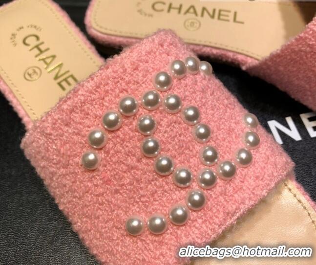 Fashion Chanel Tweed Pearl CC Flat Slide Sandals Pink 032209