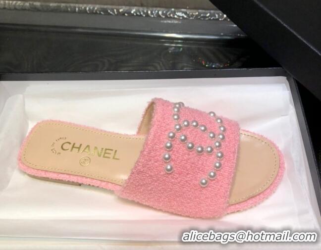 Fashion Chanel Tweed Pearl CC Flat Slide Sandals Pink 032209