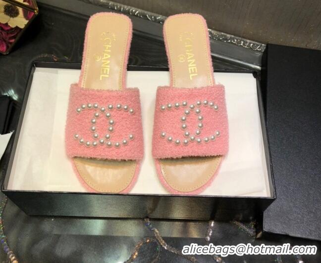 Fashion Chanel Tweed Pearl CC Flat Slide Sandals Pink 032209