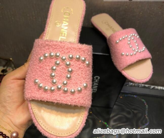 Fashion Chanel Tweed Pearl CC Flat Slide Sandals Pink 032209