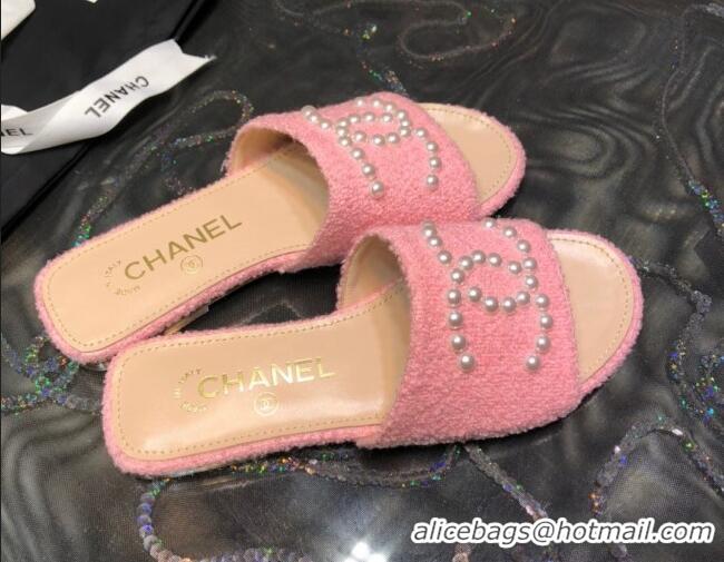 Fashion Chanel Tweed Pearl CC Flat Slide Sandals Pink 032209