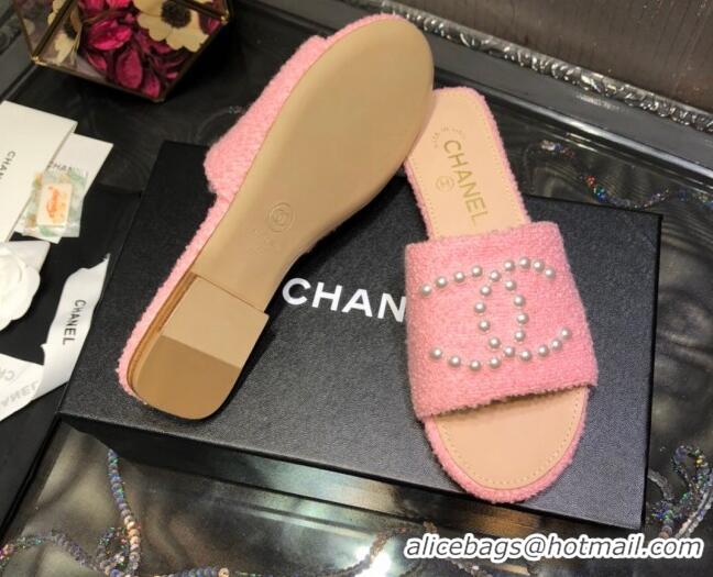 Fashion Chanel Tweed Pearl CC Flat Slide Sandals Pink 032209