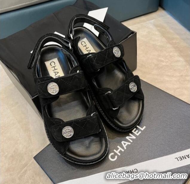 Popular Style Chanel Suede Strap Sandals with Coin Charm G35927 Black 2022 032214