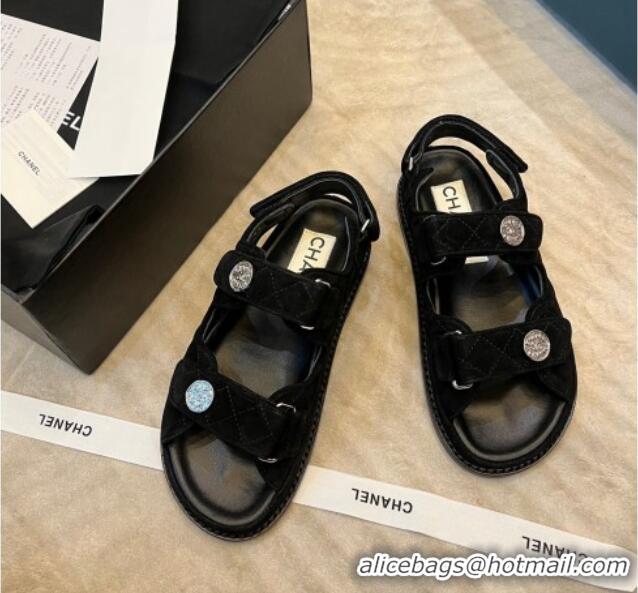 Popular Style Chanel Suede Strap Sandals with Coin Charm G35927 Black 2022 032214