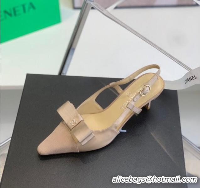 Cheap Price Chanel Silk Bow Slingback Pumps 6cm Nude 032218