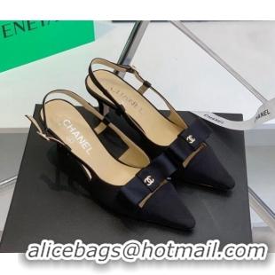 Pretty Style Chanel Silk Bow Slingback Pumps 6cm Black 032219