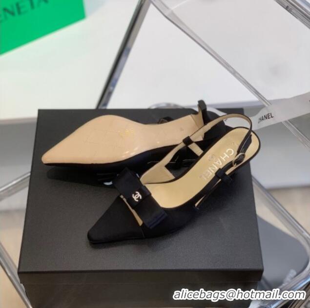 Pretty Style Chanel Silk Bow Slingback Pumps 6cm Black 032219