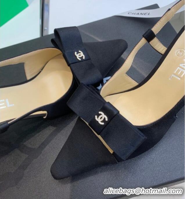 Pretty Style Chanel Silk Bow Slingback Pumps 6cm Black 032219