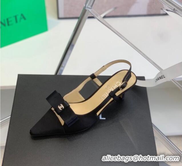 Pretty Style Chanel Silk Bow Slingback Pumps 6cm Black 032219