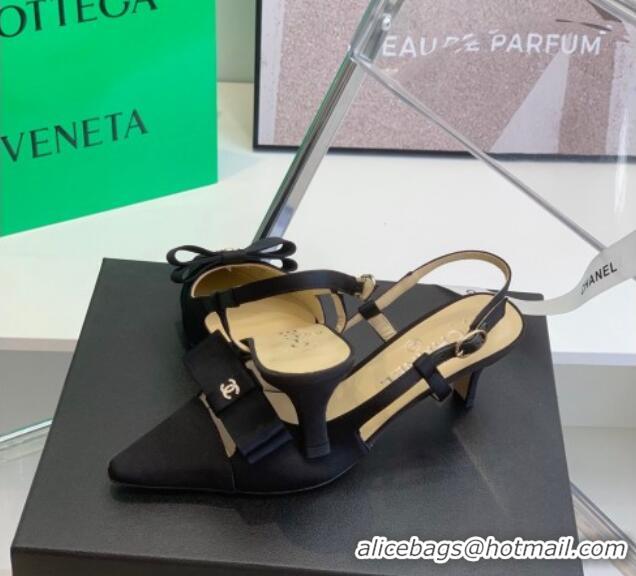 Pretty Style Chanel Silk Bow Slingback Pumps 6cm Black 032219