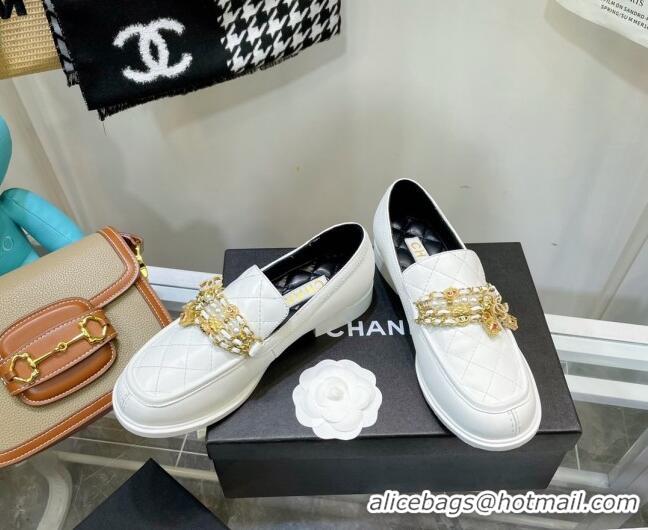 Low Price Chanel Lambskin Loafers with Lock Chain G38922 White