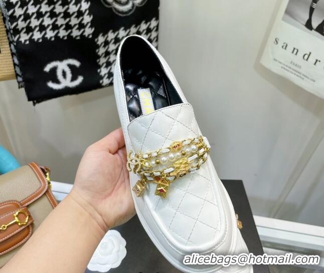 Low Price Chanel Lambskin Loafers with Lock Chain G38922 White