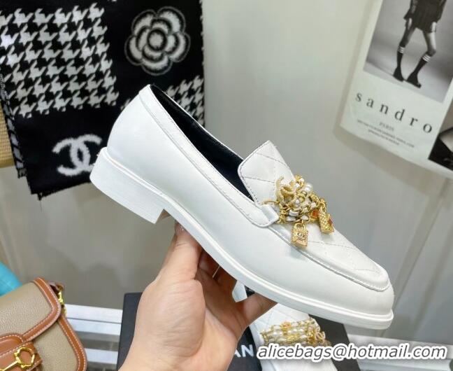 Low Price Chanel Lambskin Loafers with Lock Chain G38922 White