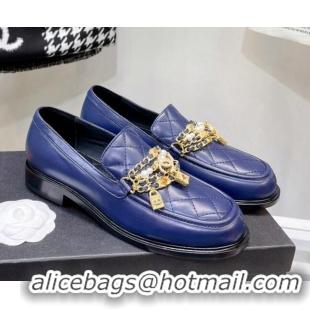 Best Grade Chanel Lambskin Loafers with Lock Chain G38922 Blue