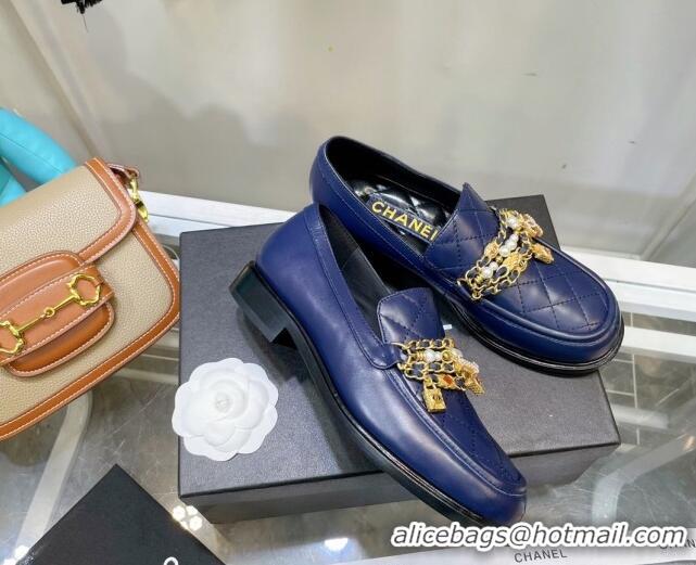 Best Grade Chanel Lambskin Loafers with Lock Chain G38922 Blue