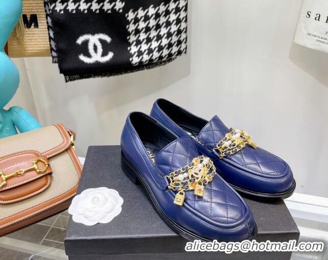 Best Grade Chanel Lambskin Loafers with Lock Chain G38922 Blue