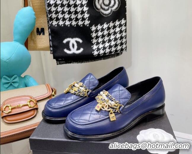 Best Grade Chanel Lambskin Loafers with Lock Chain G38922 Blue