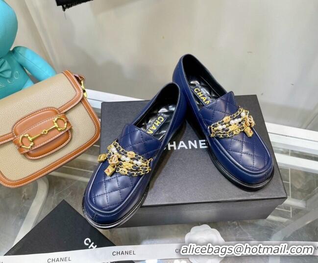 Best Grade Chanel Lambskin Loafers with Lock Chain G38922 Blue