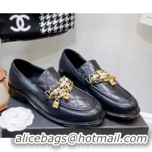 Purchase Chanel Lambskin Loafers with Lock Chain G38922 Black