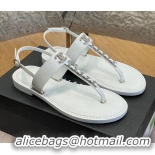 Stylish Chanel Patent Calfskin Flat Sandals G38221 White