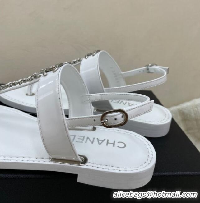 Stylish Chanel Patent Calfskin Flat Sandals G38221 White