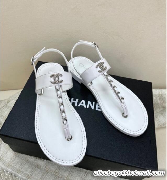 Stylish Chanel Patent Calfskin Flat Sandals G38221 White