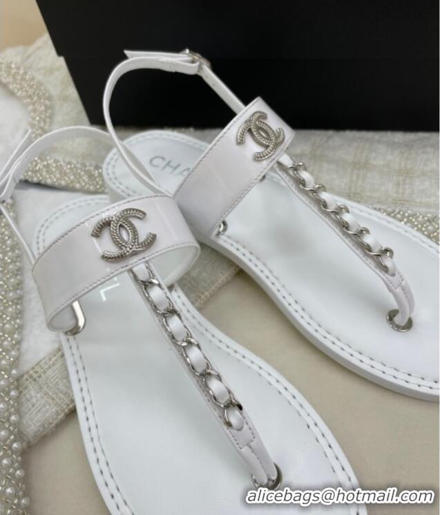 Stylish Chanel Patent Calfskin Flat Sandals G38221 White