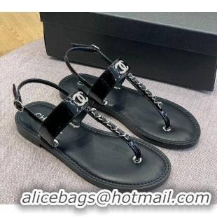 Shop Duplicate Chanel Patent Calfskin Flat Sandals G38221 Black