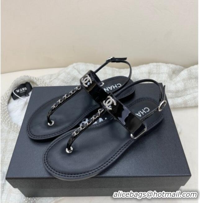 Shop Duplicate Chanel Patent Calfskin Flat Sandals G38221 Black