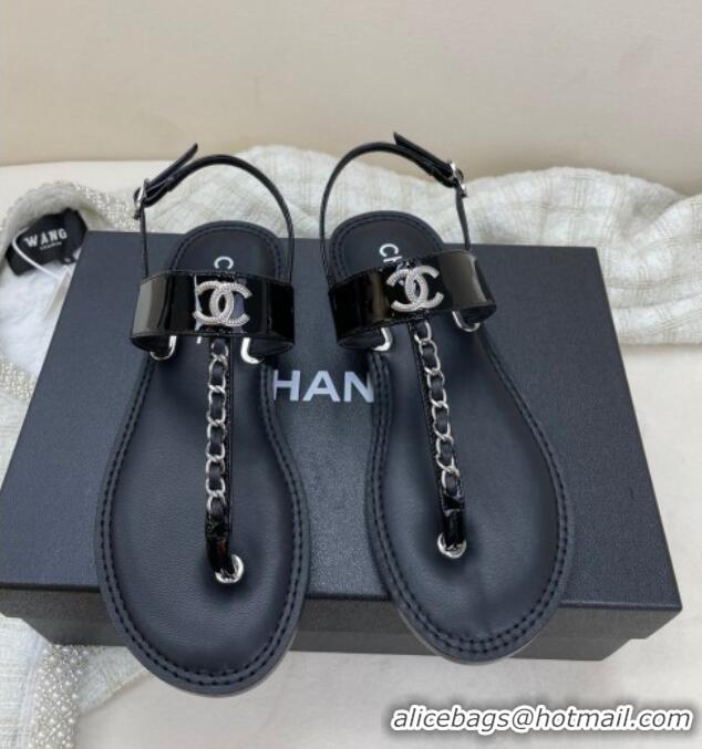 Shop Duplicate Chanel Patent Calfskin Flat Sandals G38221 Black