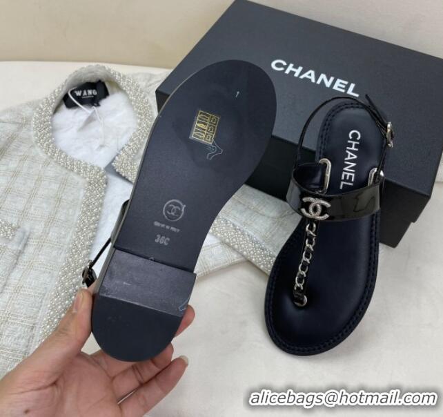 Shop Duplicate Chanel Patent Calfskin Flat Sandals G38221 Black