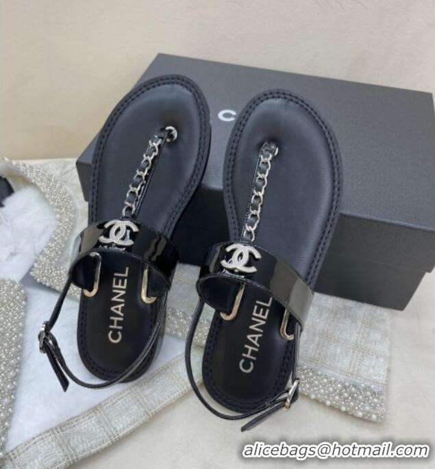 Shop Duplicate Chanel Patent Calfskin Flat Sandals G38221 Black