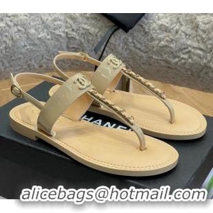 Good Quality Chanel Patent Calfskin Flat Sandals G38221 Beige