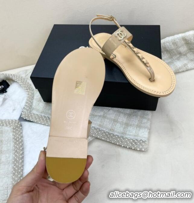 Good Quality Chanel Patent Calfskin Flat Sandals G38221 Beige