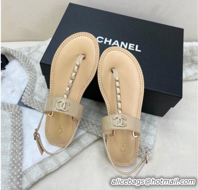 Good Quality Chanel Patent Calfskin Flat Sandals G38221 Beige