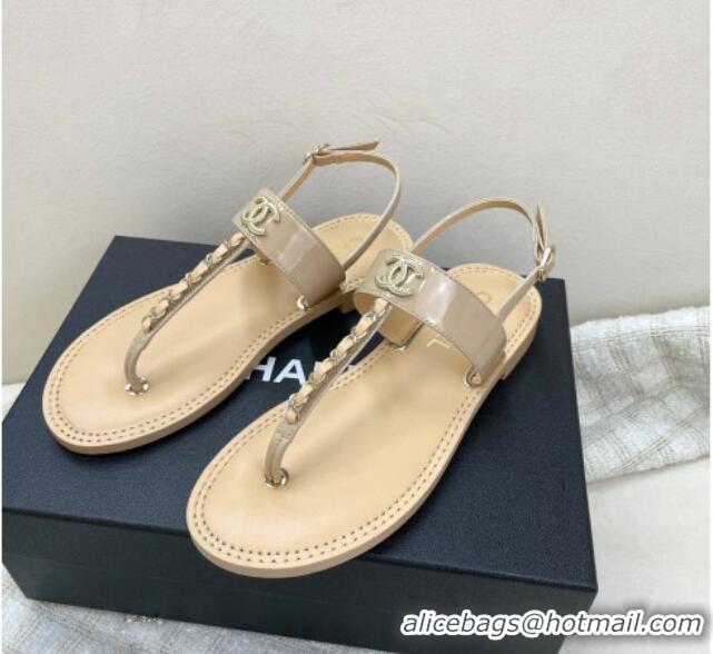 Good Quality Chanel Patent Calfskin Flat Sandals G38221 Beige