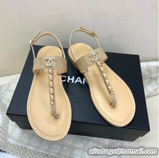 Good Quality Chanel Patent Calfskin Flat Sandals G38221 Beige