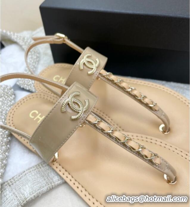 Good Quality Chanel Patent Calfskin Flat Sandals G38221 Beige